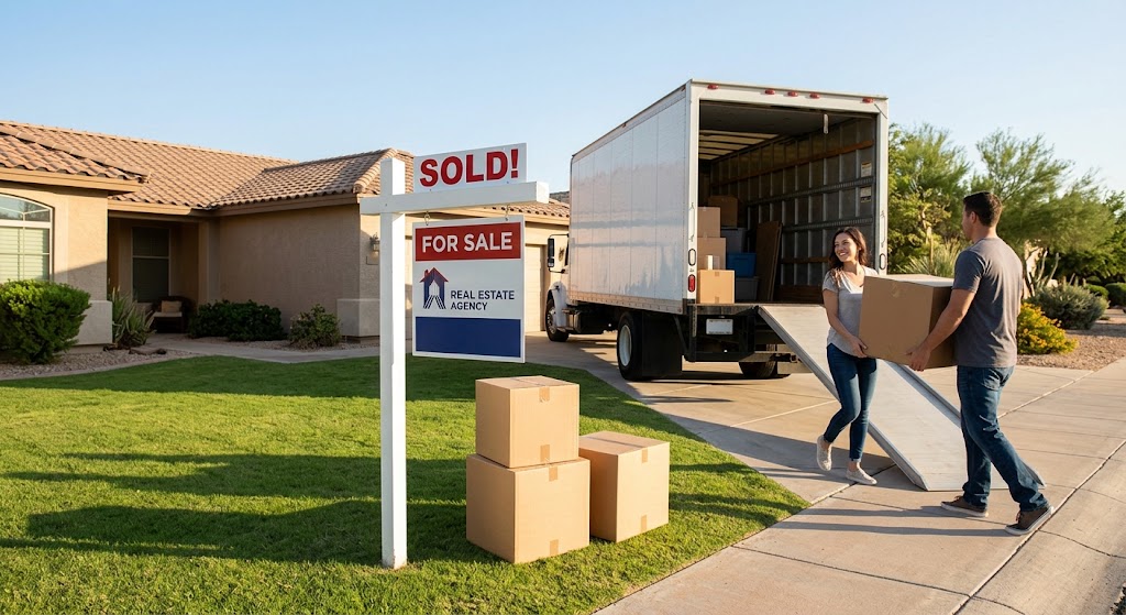 A moving truck or packed boxes next to a Sold sign visually representing the sell to buy transition