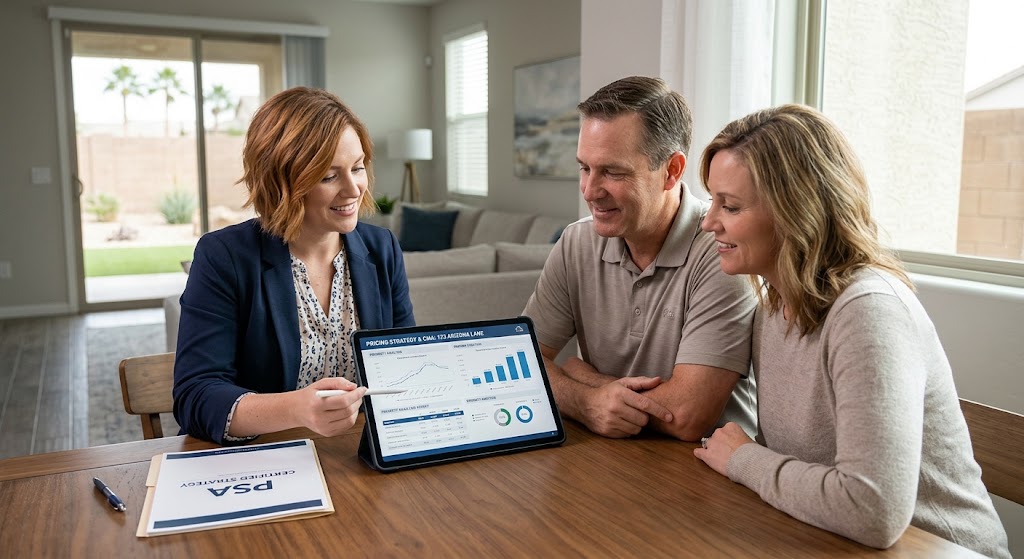 An approachable image of a real estate agent sitting at a table with sellers reviewing a document or digital report on a tablet, reinforcing the consultative approach