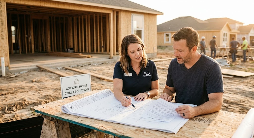 Buyer and REALTOR reviewing new construction contract at model home