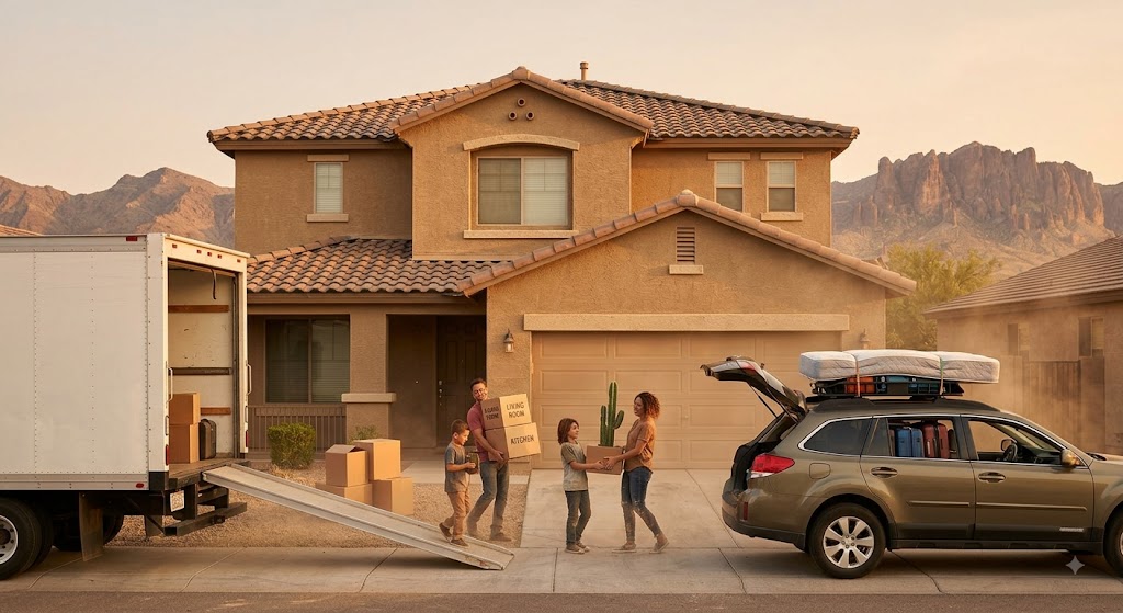 Moving truck arriving at new home in the East Valley Arizona