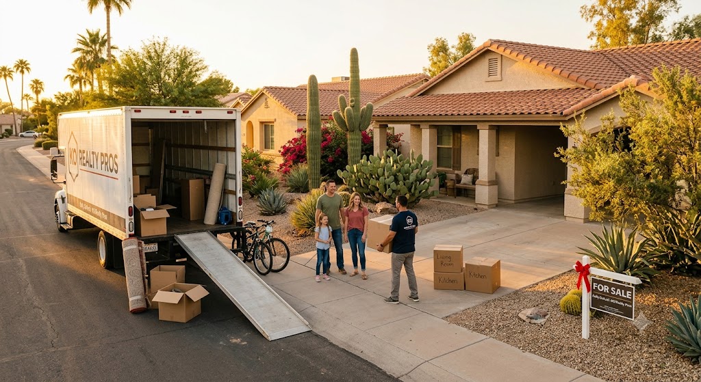 Moving truck outside a new East Valley Arizona home during relocation