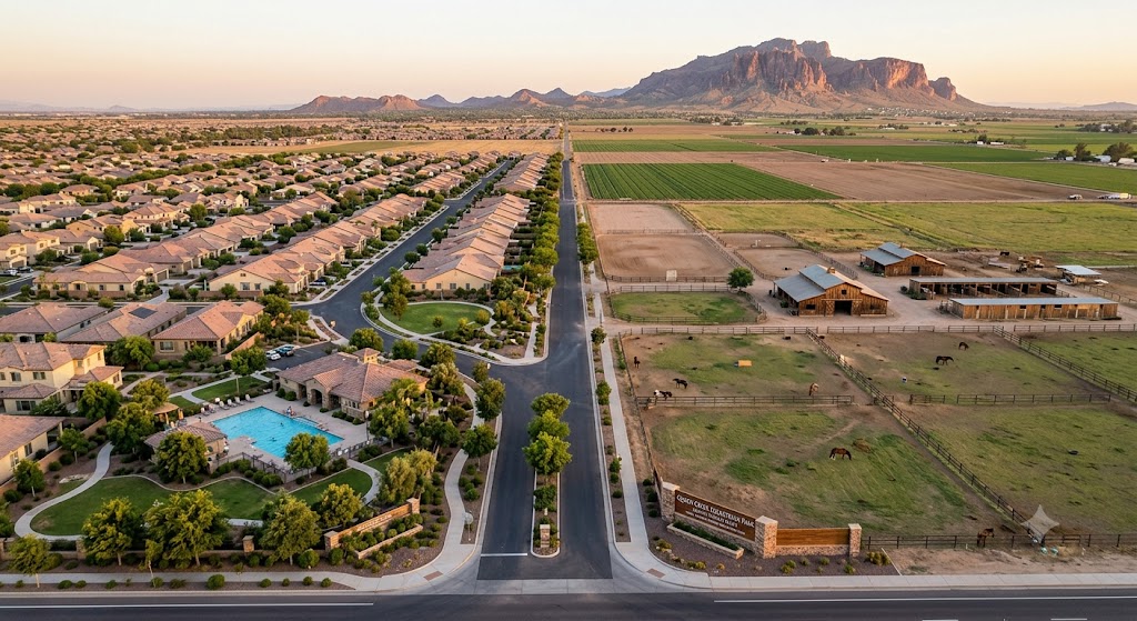 Queen Creek Arizona master planned neighborhood aerial view