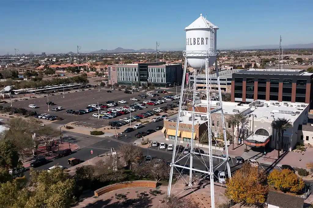 Aerial view of the Gilbert Arizona water tower and downtown East Valley community