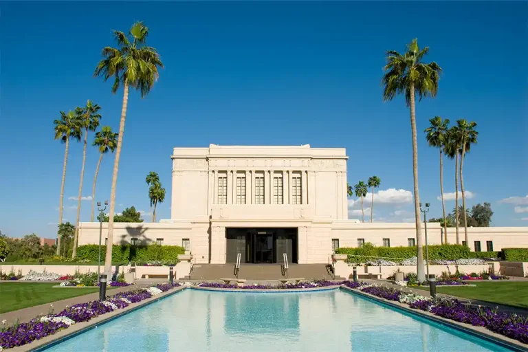 mesa arizona temple palm trees reflecting pool