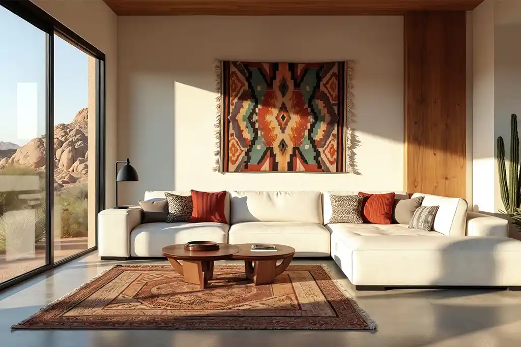 Modern Southwestern luxury living room with desert mountain views in Arizona